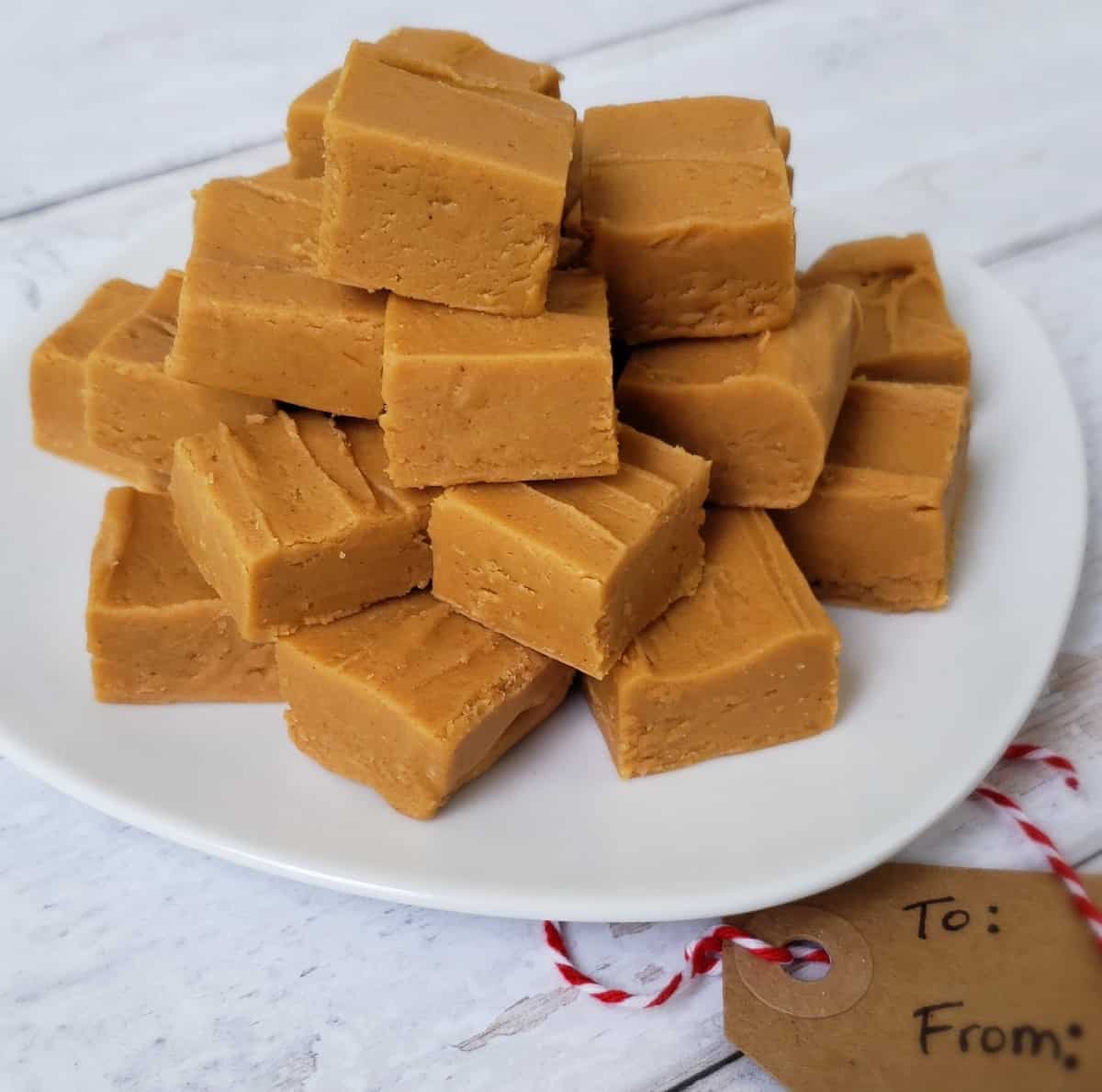 Stack of peanut butter candy on white plate with white background. Gift tag tucked under plate.