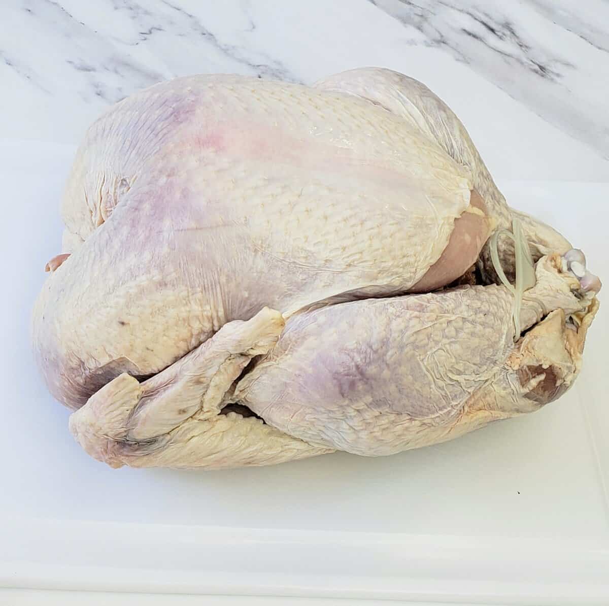 Close up whole raw turkey on white cutting board.