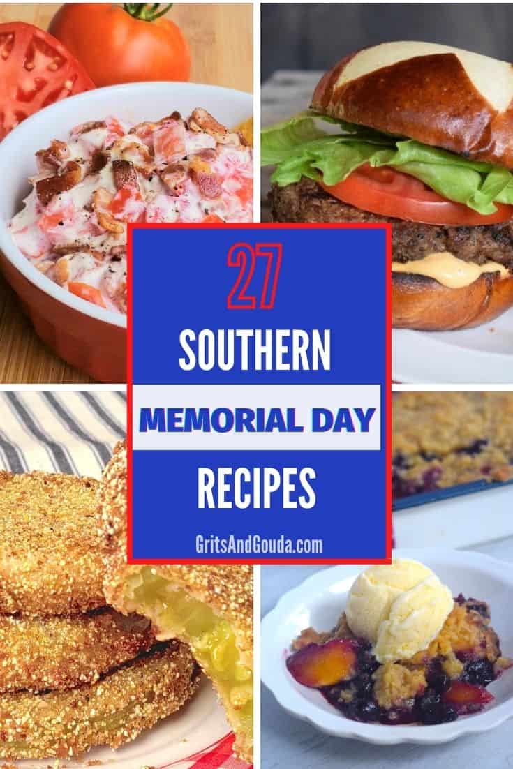 Four images of food for Memorial Day with white text overlay for Pinterest.