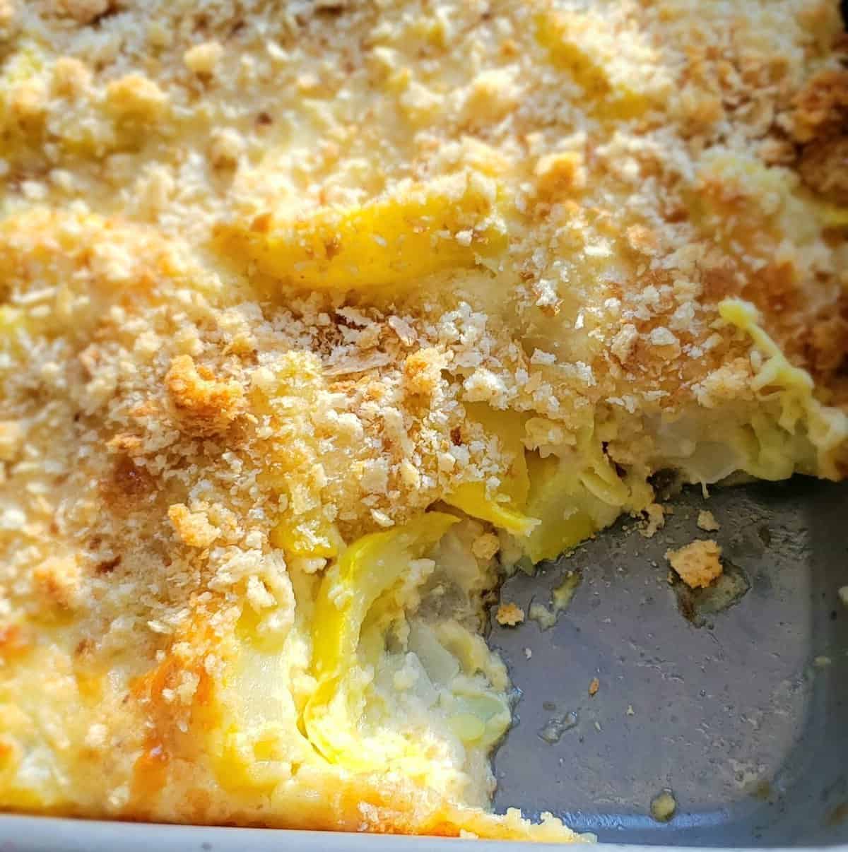 Easy Yellow Squash Casserole with Scoop out on right