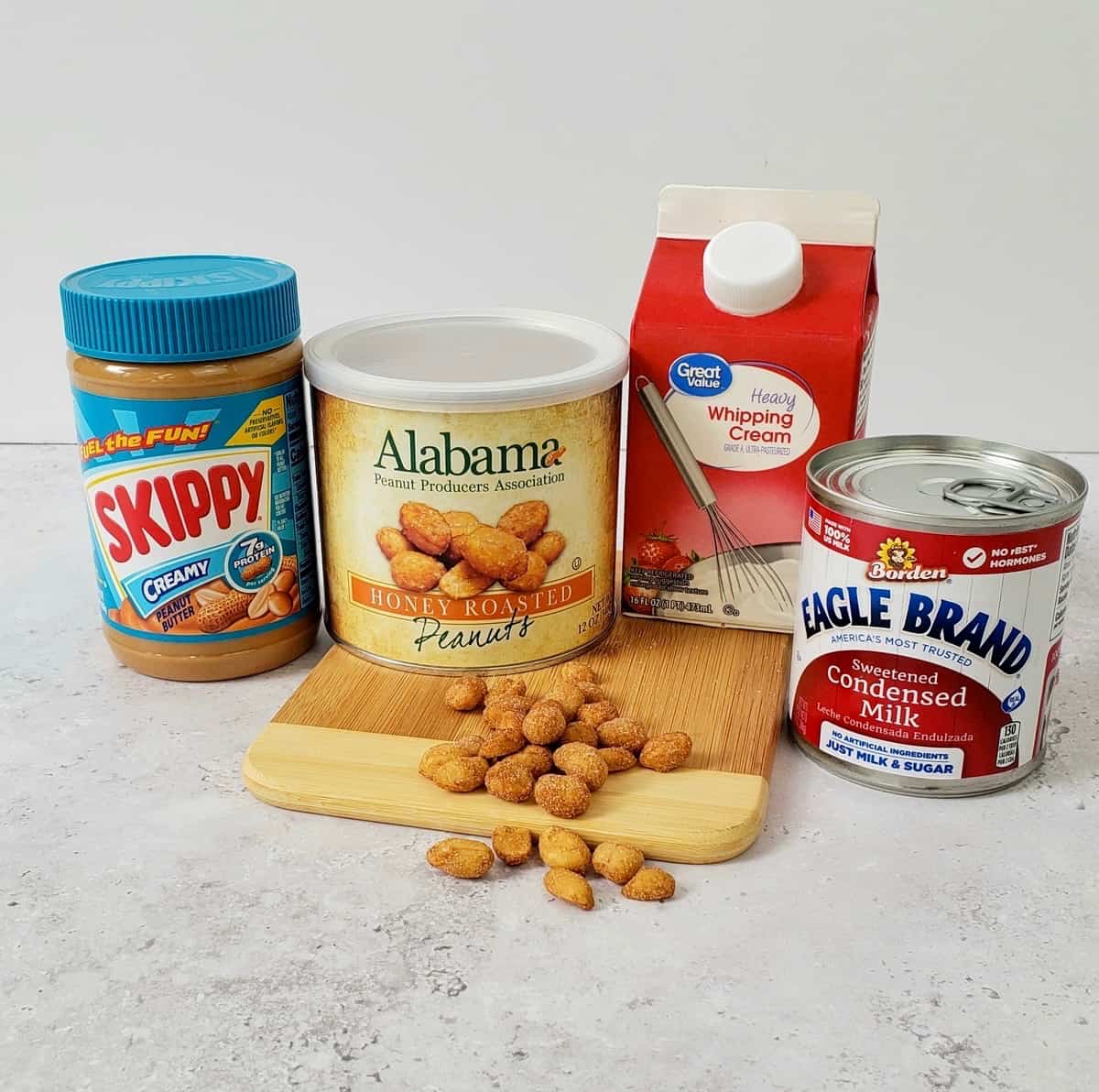 Ingredients for no churn peanut butter ice cream with honey roasted peanuts