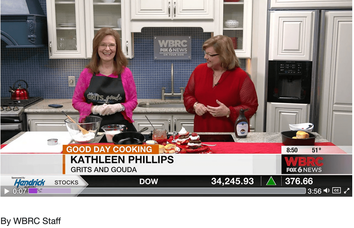 Two women in wbrc studio kitchen making biscuits