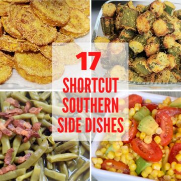 A collection of four close up images of cooked vegetables with text overlay: yellow squash, okra, green beans, corn and tomatoes.