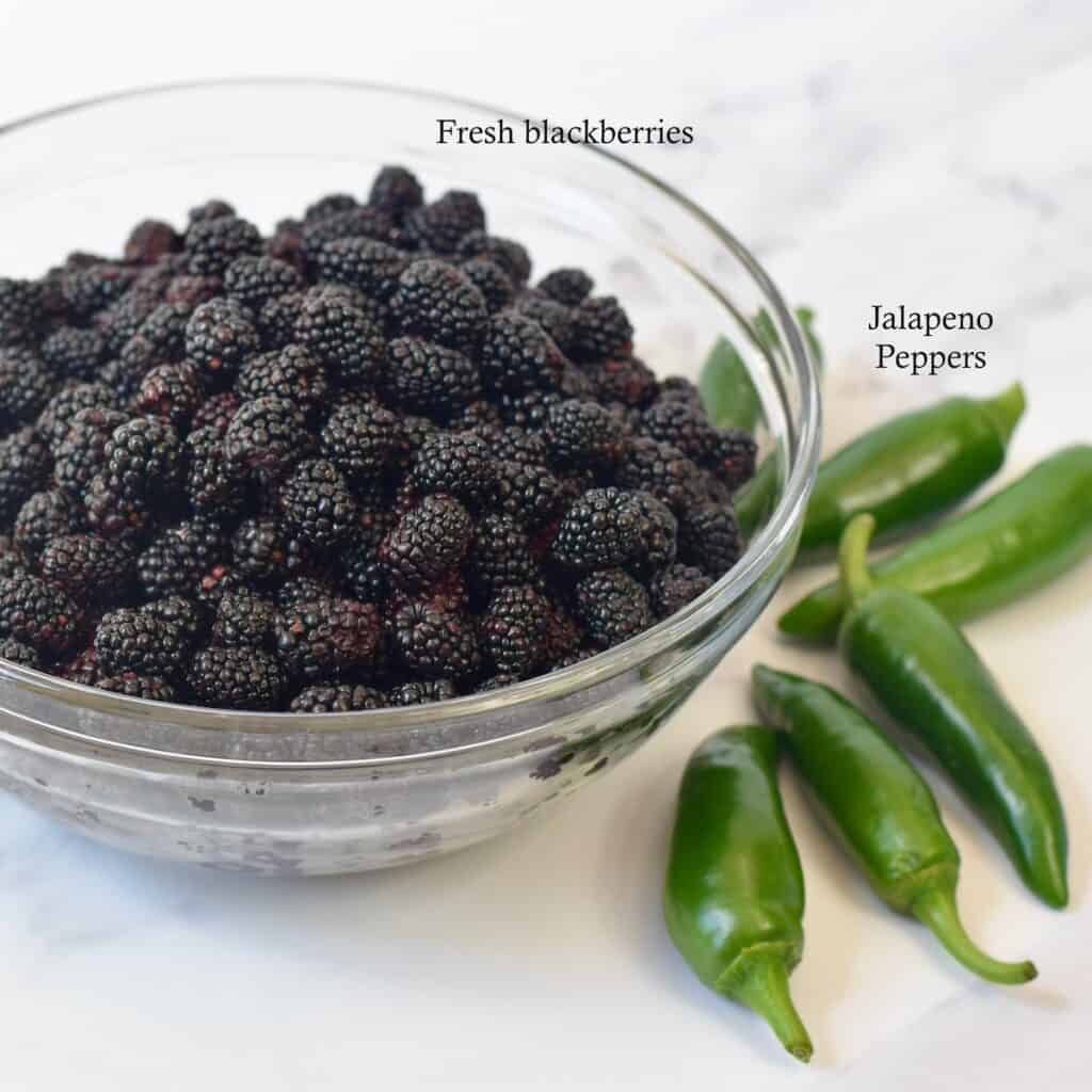 Bowl of fresh blackberries and jalapeno peppers labeled with text