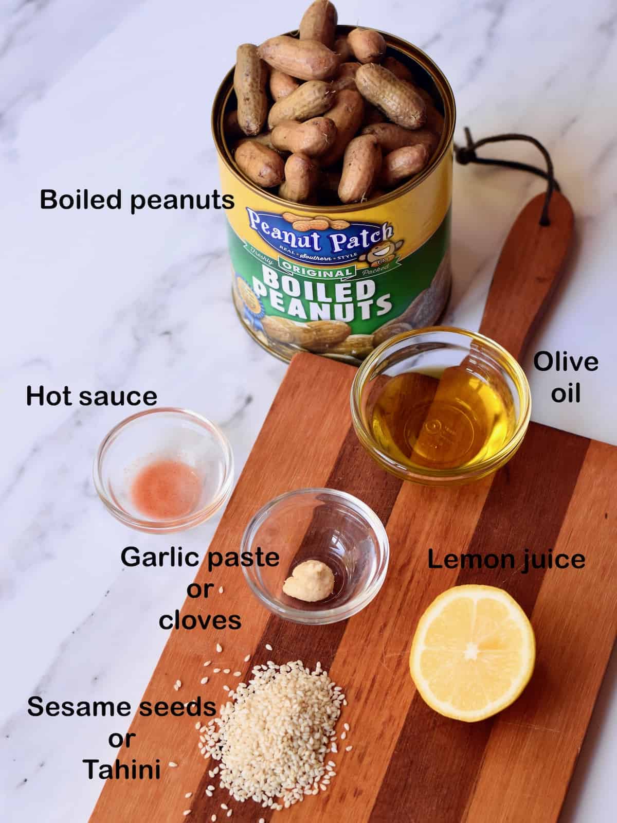 Ingredients for Boiled Peanut Hummus with text overlay.