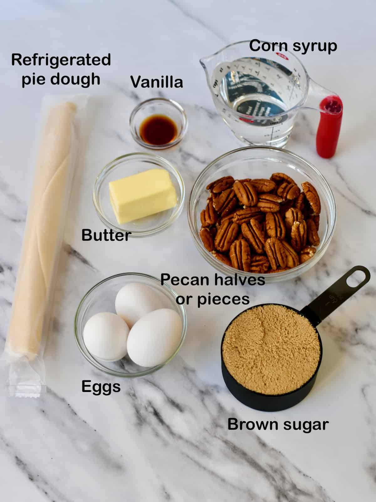 Ingredients for Cast Iron Skillet Pecan Pie labeled.