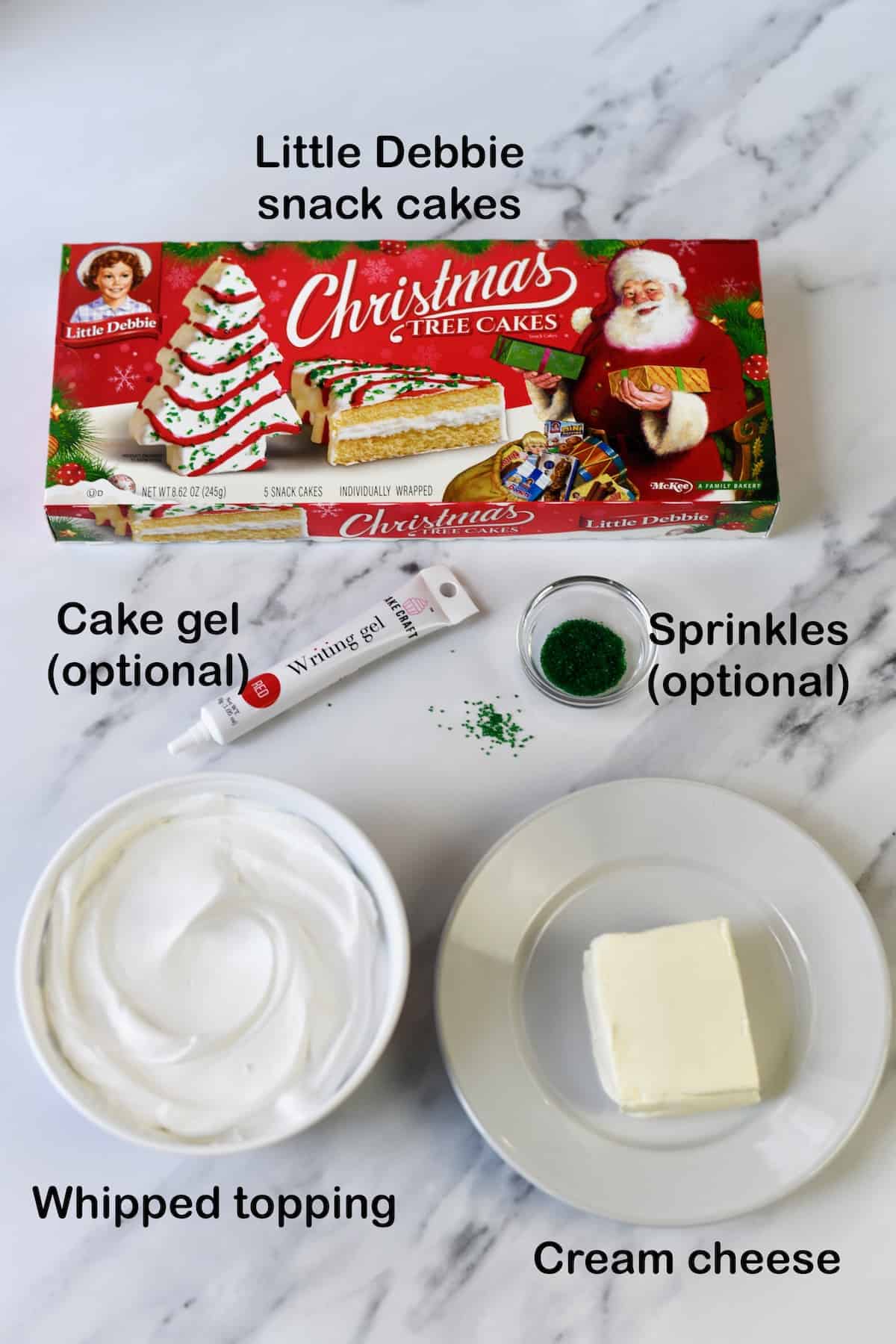 Ingredients for Little Debbie Christmas tree cake dip.