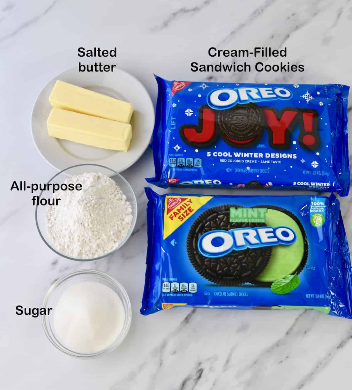 Ingredients for Cookies and Cream Shortbread Cookies with Oreos.