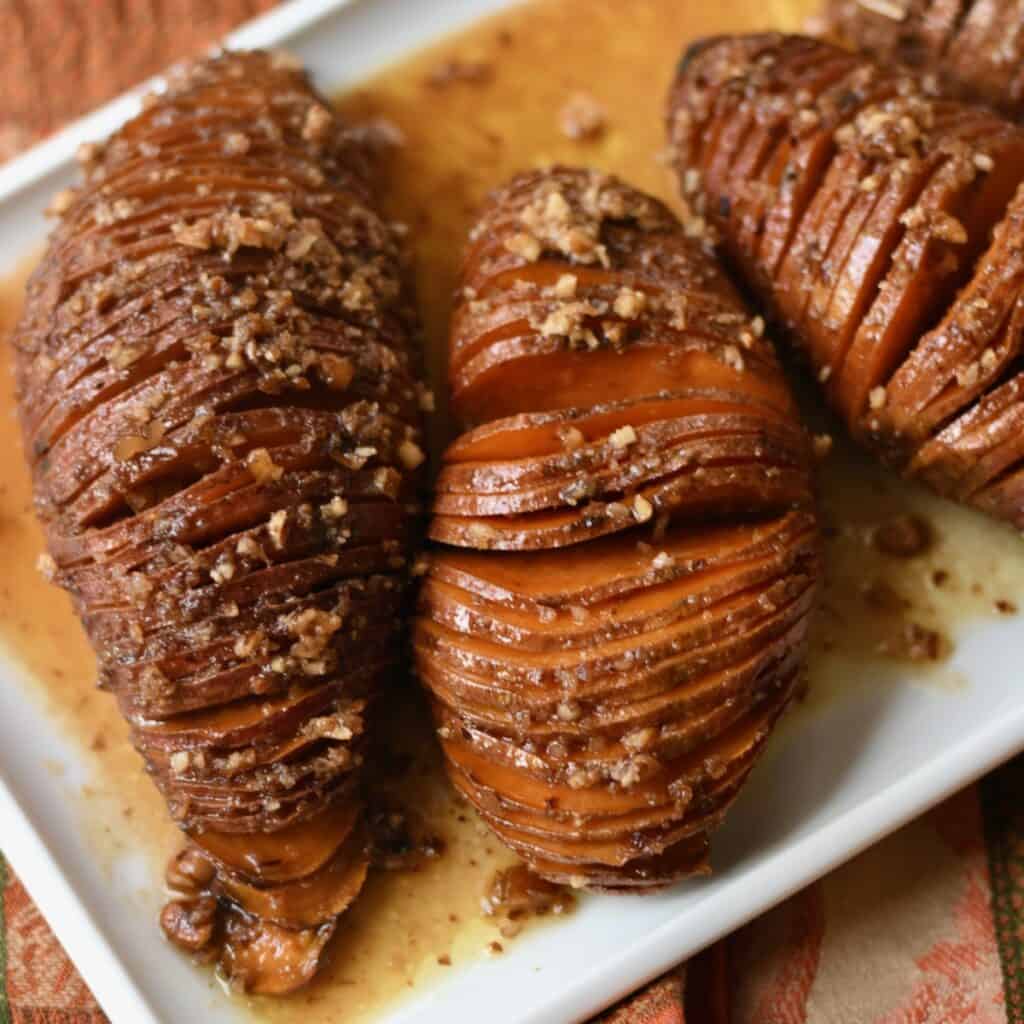 Hasselback Sweet Potatoes (Maple Syrup and Pecans) Grits and Gouda