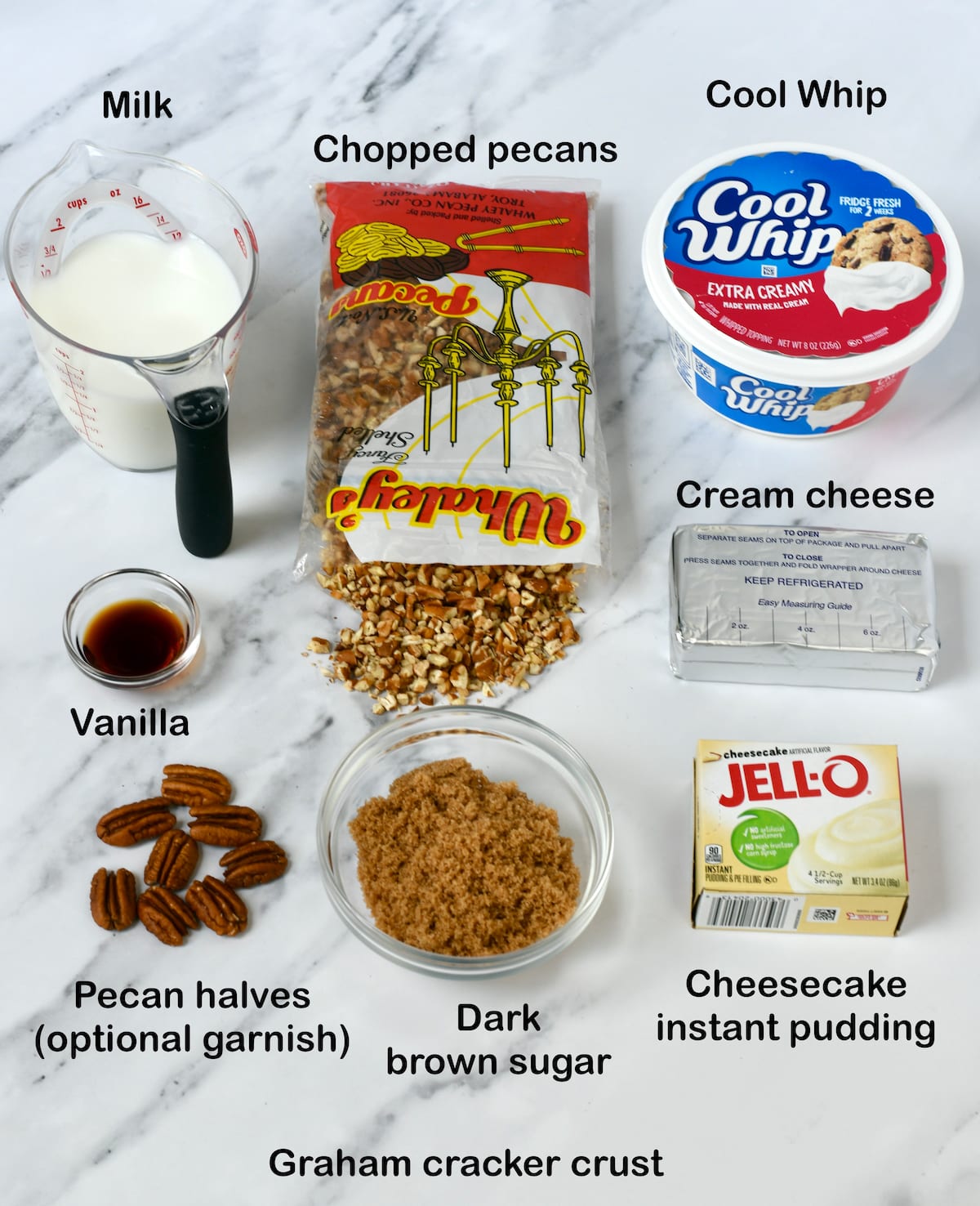 Ingredients for Pecan Cream Pie: pecans pudding mix Cool Whip brown sugar