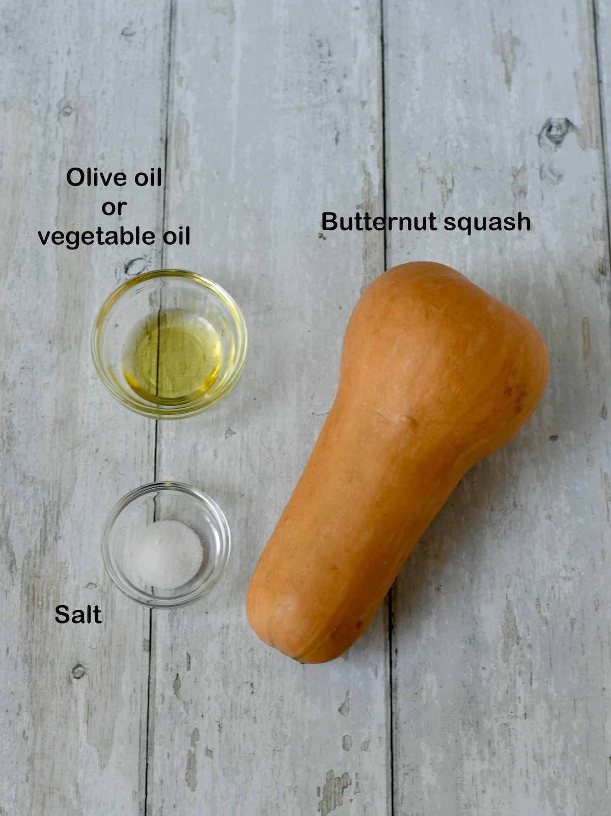 Ingredients for air fryer butternut squash: squash, salt, oil.