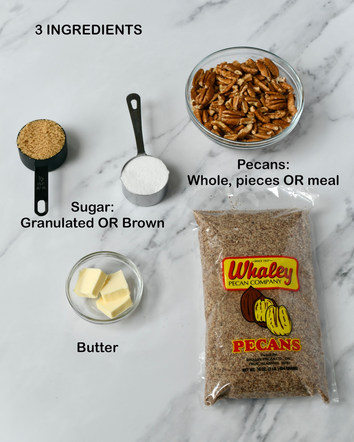 Ingredients for homemade pecan crust: sugar, pecans, butter.