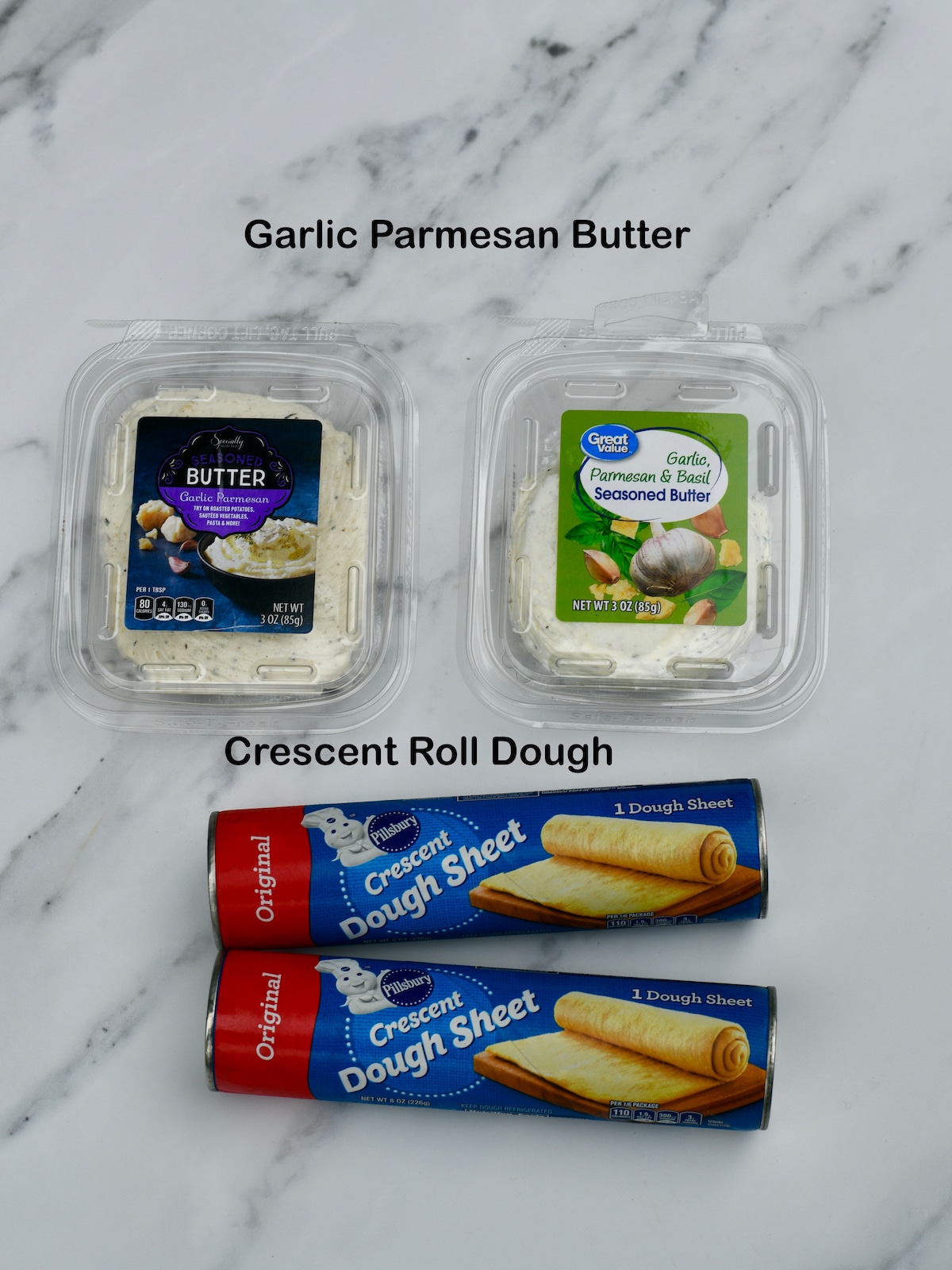 Ingredients for garlic butter cruffins: cresent roll dough and garlic butter.