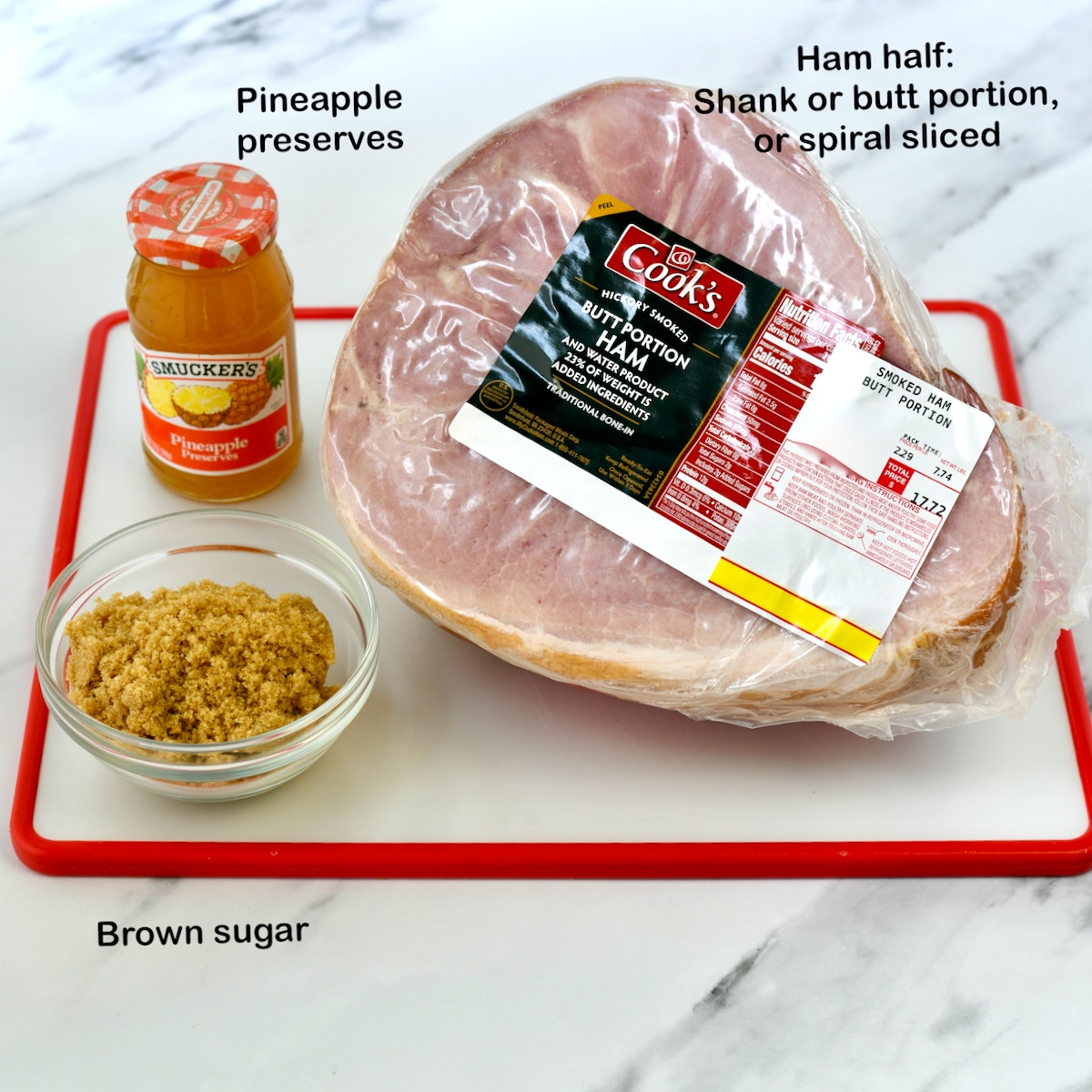 Labeled ingredients for pineapple ham.