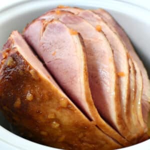 Close up of pineapple ham in a slow cooker.