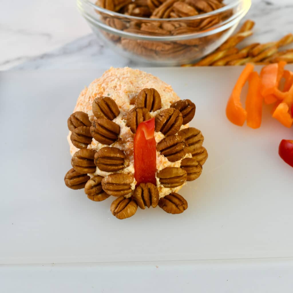 Pecans on part of a cheeseball to look like a turkey.
