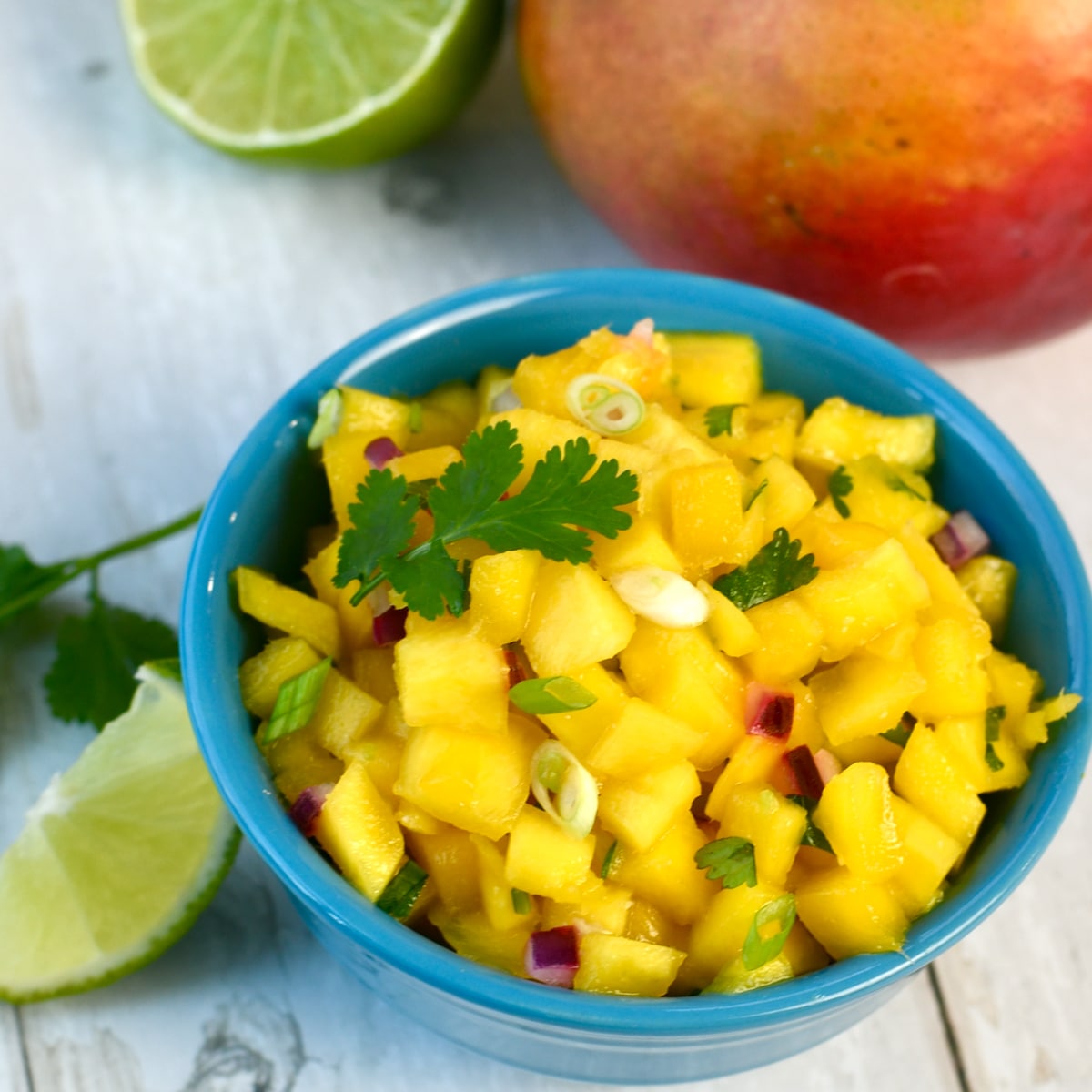 Homemade mango salsa with lime wedge on side of bowl.