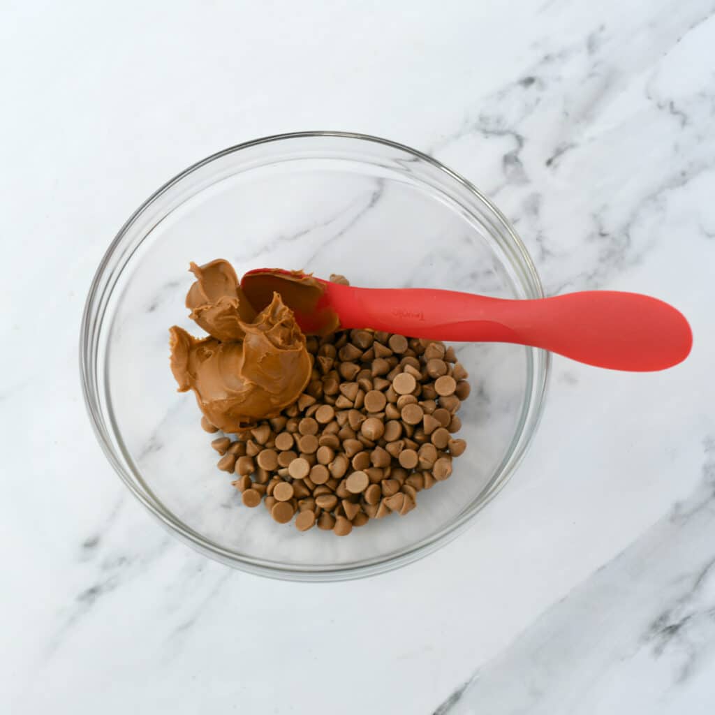 Cookie butter and butterscotch chip in a glass bowl.
