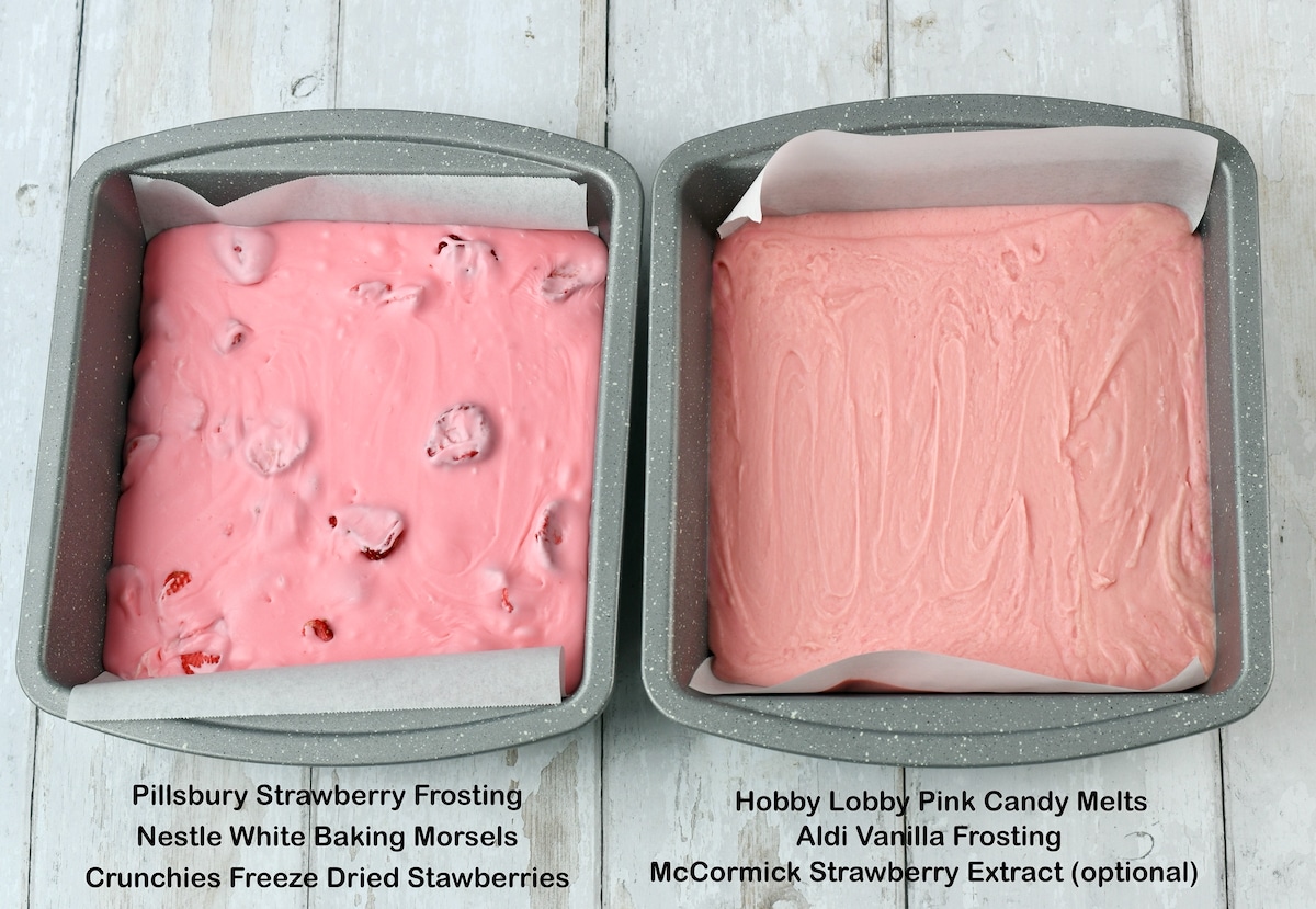 Comparing two pans of strawberry fudge side by side.
