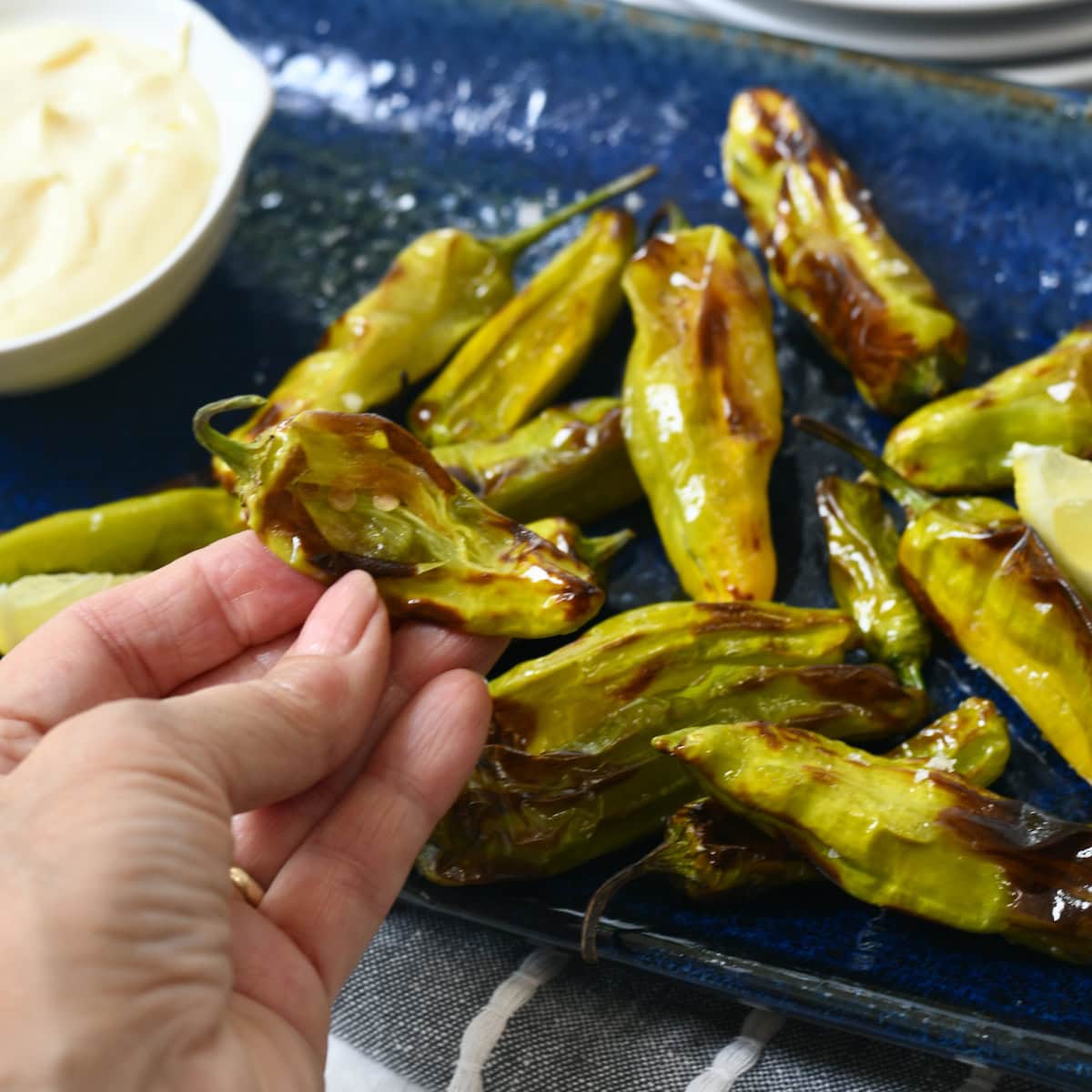 Fingertips holding an opened Shishito Peppers roasted in air fryer on blue platter with lemon aioli dipping sauce.