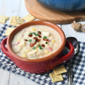 Crab Corn soup in terra cotta bowl on blue checked napkin.