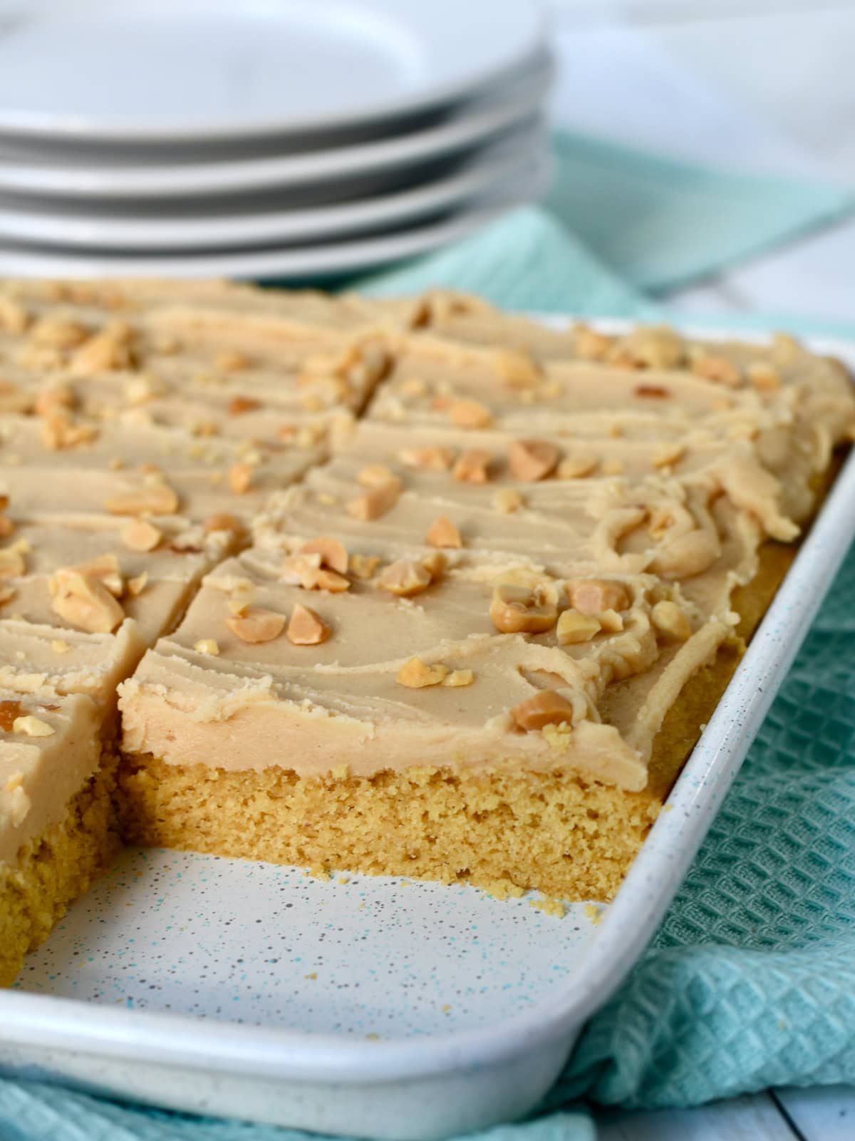 Peanut Butter Sheet Cake with cake mix on serving plate.