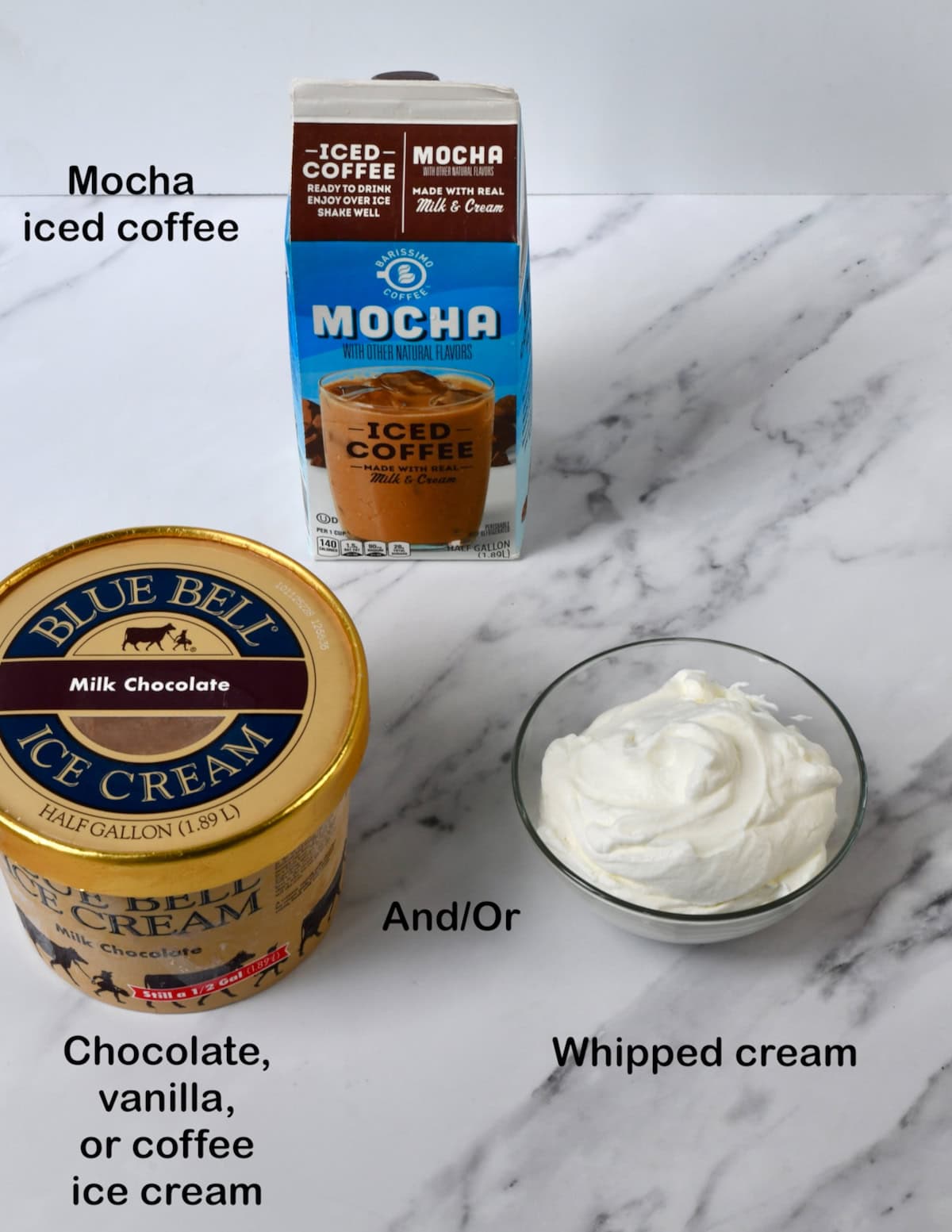 Ingredients for mocha punch or iced mocha coffee: mocha coffee, ice cream, whipped cream.