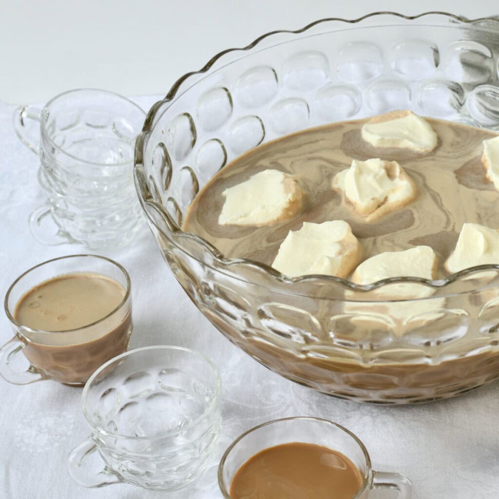 Shortcut Mocha Punch in Fostoria punch bowl with punch cups.