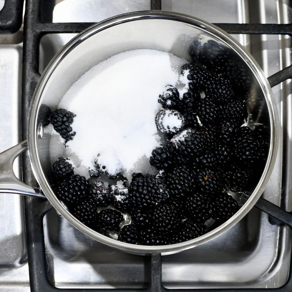 Blackberries and sugar in a saucepan on the stove