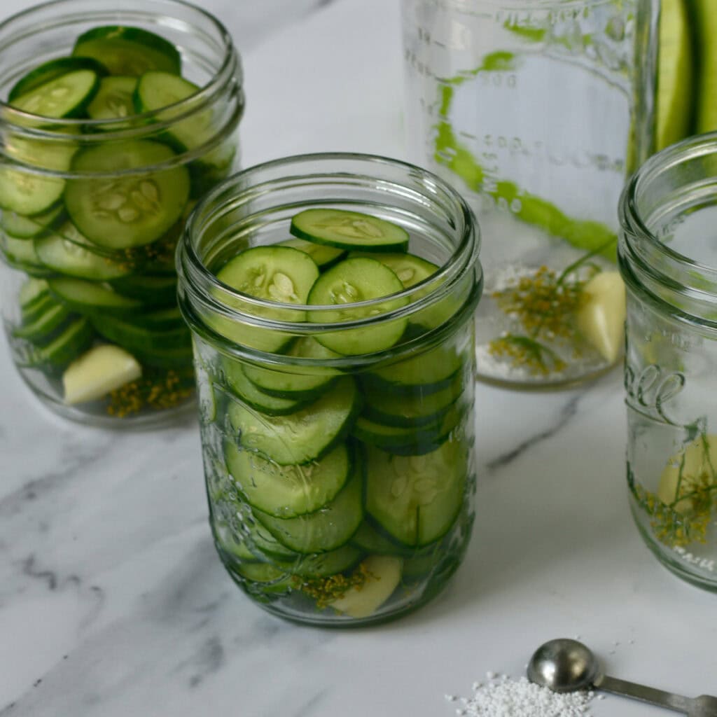 Pickle crisp, cucumber slices and spears in mason jars.