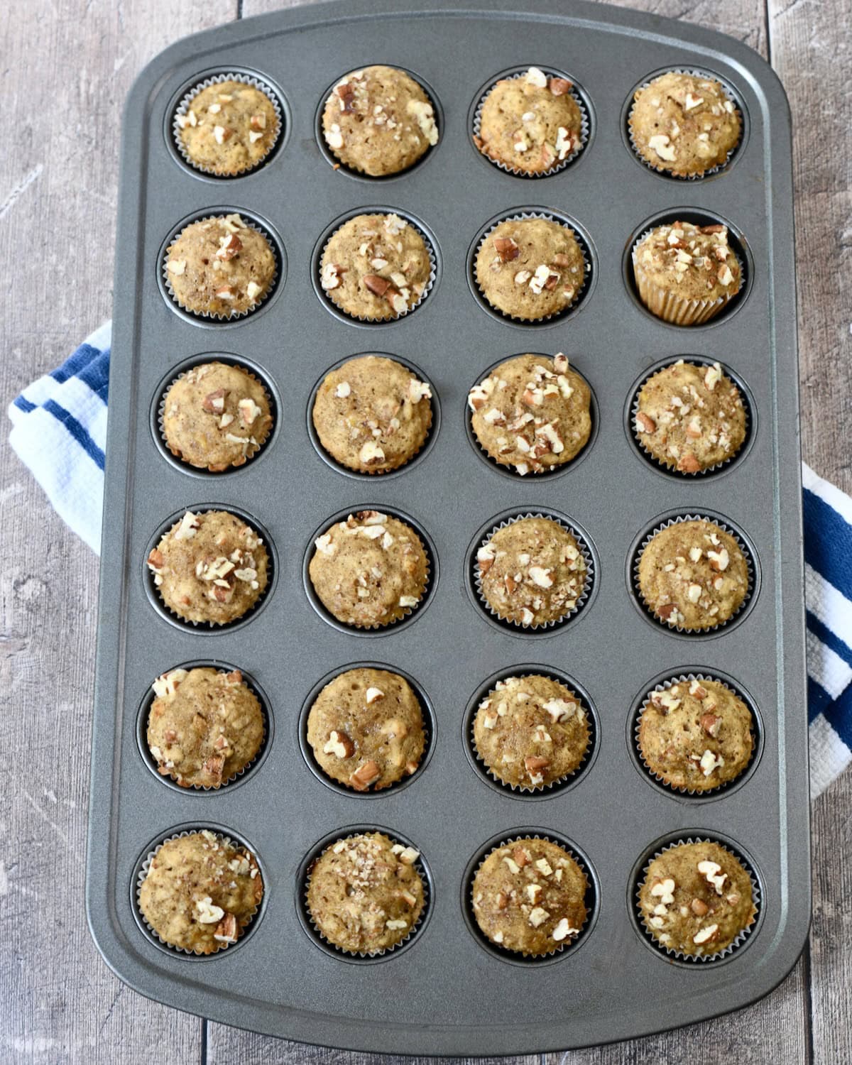 24 mini banana nut muffins in muffin tin.