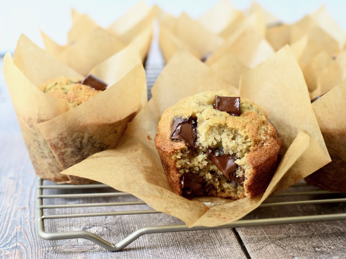 Banana chocolate chip muffins with bite taken out and melty chocolate chunks showing.
