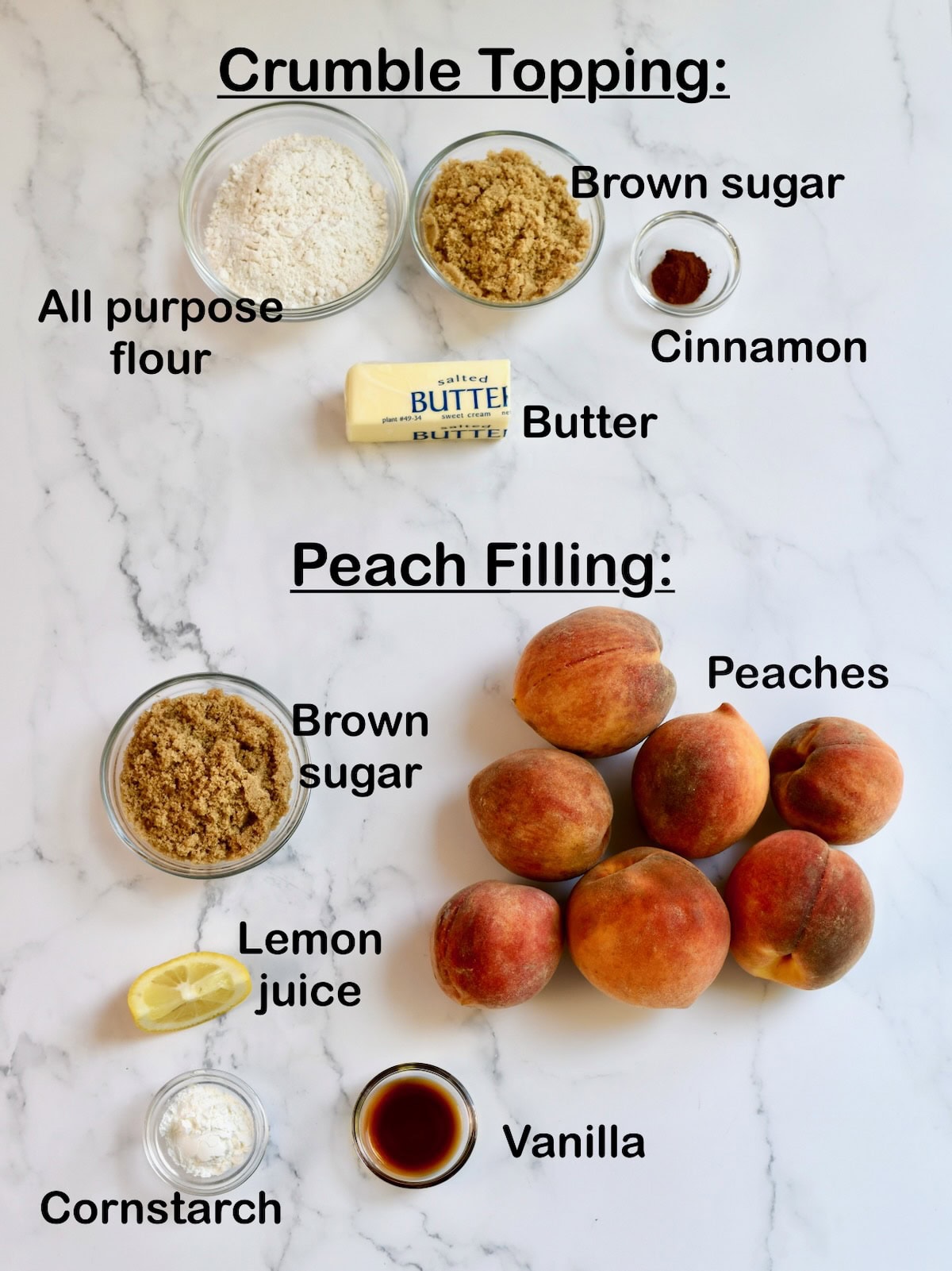 Ingredients for peach crumble: peaches, butter, brown sugar, flour, cinnamon.
