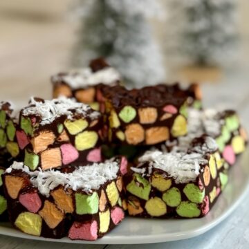 cathedral church window bars with colorful mini marshmallows stacked on a plate