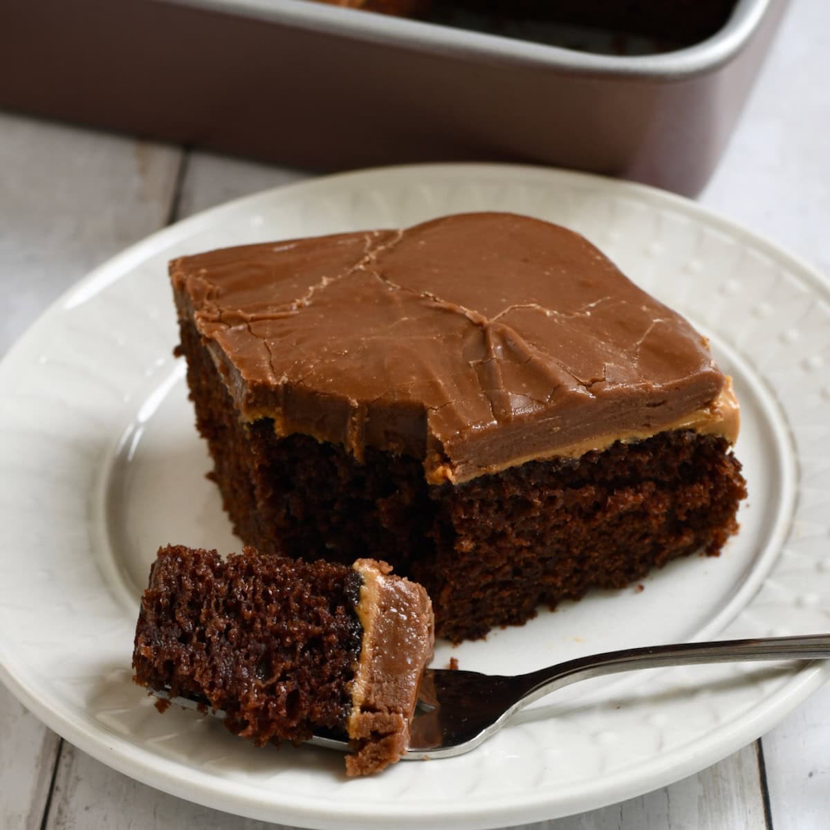 Slice of chocolate peanut butter cake on a plate with a bite on a fork