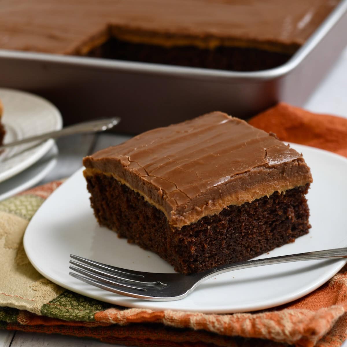 Slice of chocolate peanut butter cake on a plate in front of a 9x13 pan 