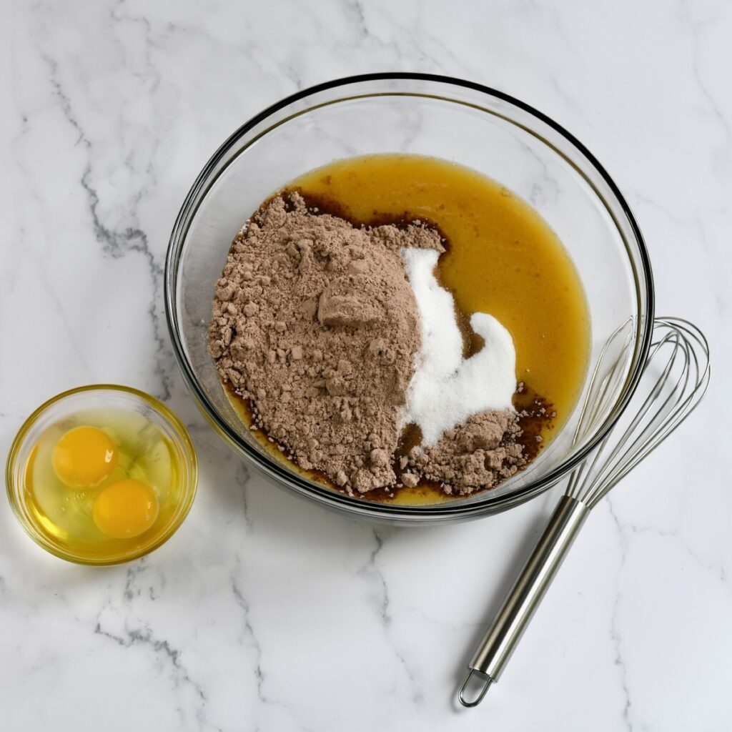 Mixing chocolate cake ingredients in a bowl with eggs on the side
