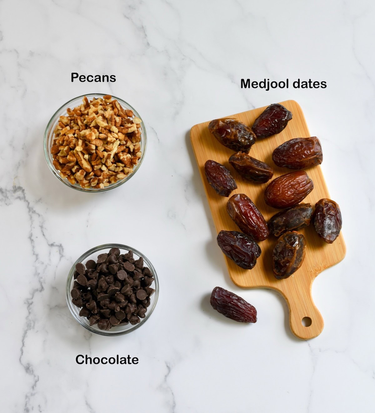 Ingredients for Date Nut  Balls: medjool dates, pecans, chocolate.