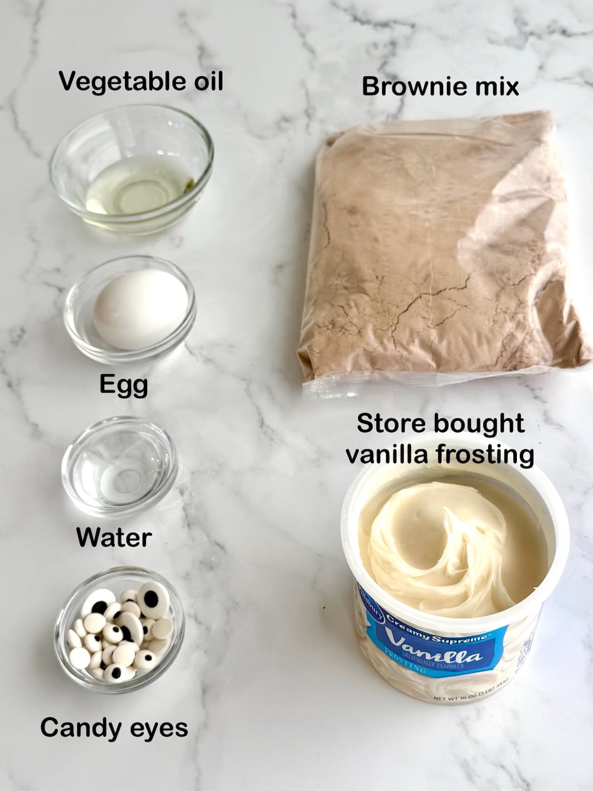 Ingredients for Mummy Brownies with brownie mix.