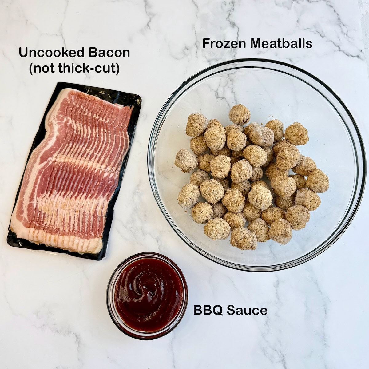 Ingredients needed to make bacon wrapped meatballs.