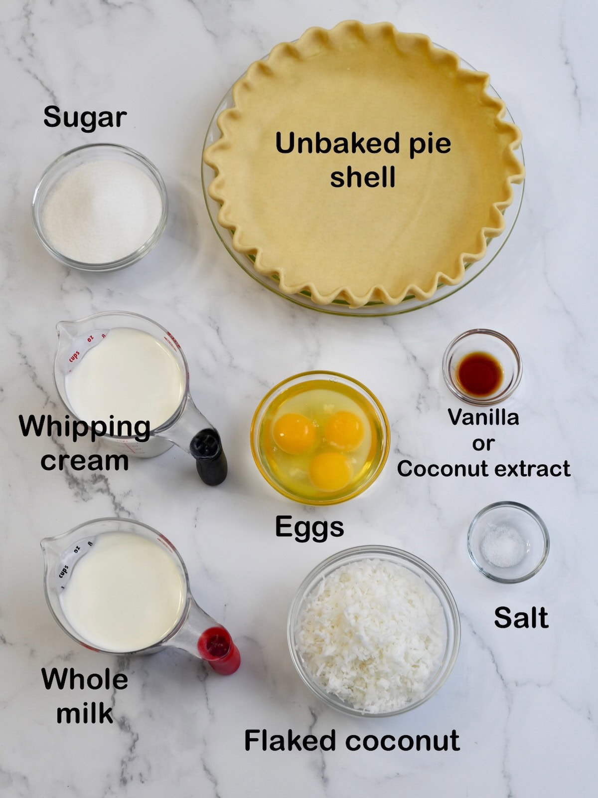 Ingredients for coconut custard pie. L-R: sugar, whipping cream, whole milk, unbaked pie shell, eggs, flaked coconut, vanilla, and salt.