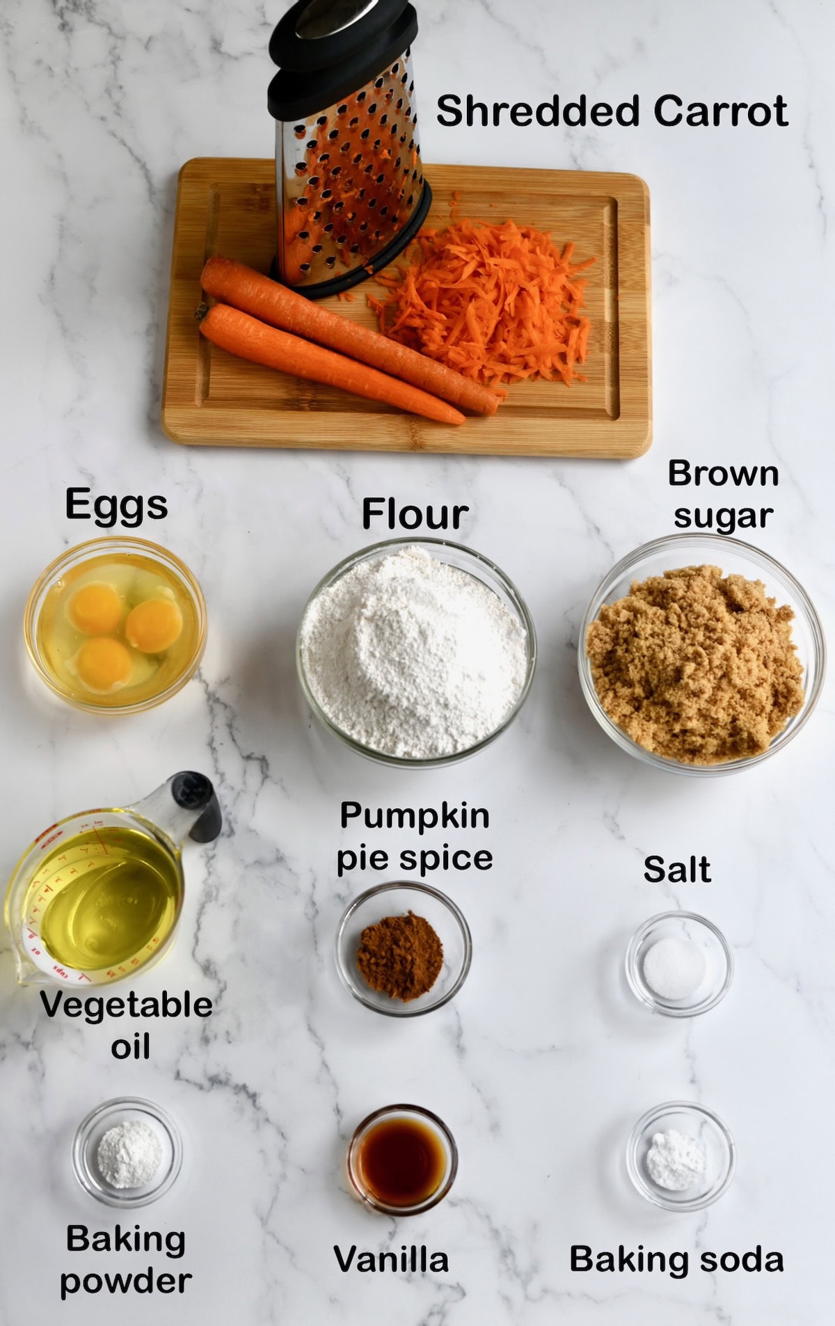 Ingredients for carrot bundt cake.