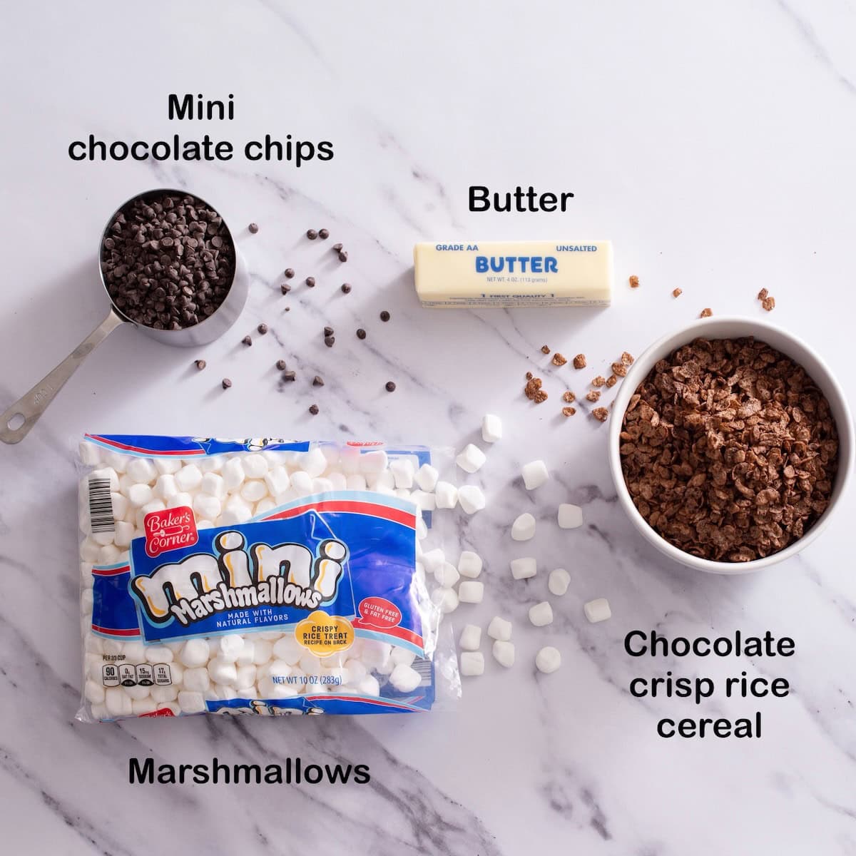 Ingredients needed to make chocolate rice krispie bars.