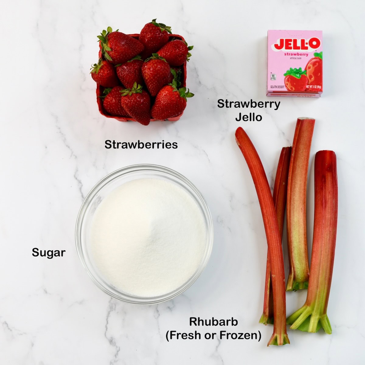 Ingredients needed to make strawberry rhubarb jam with jello.