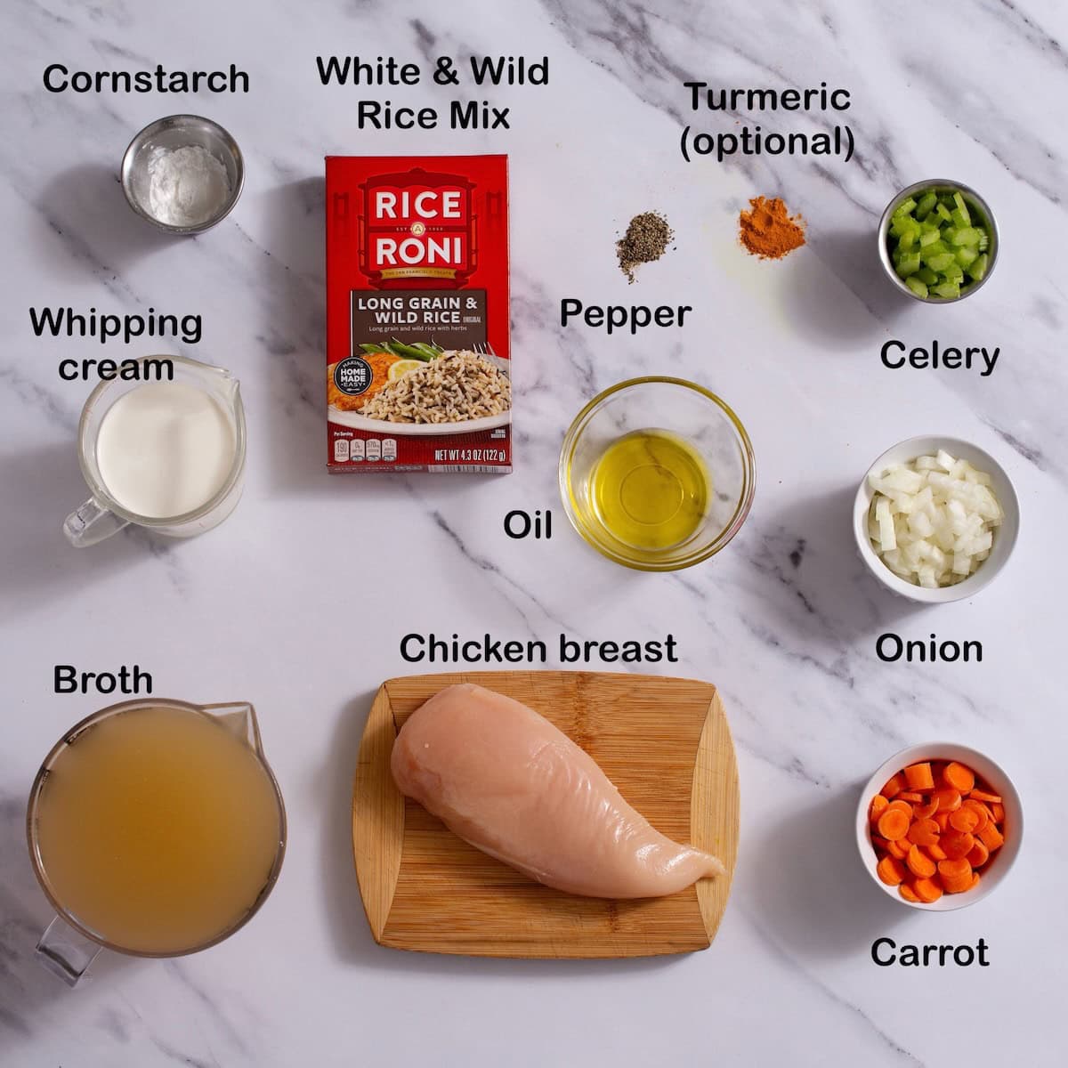 Ingredients needed to make chicken wild rice soup.