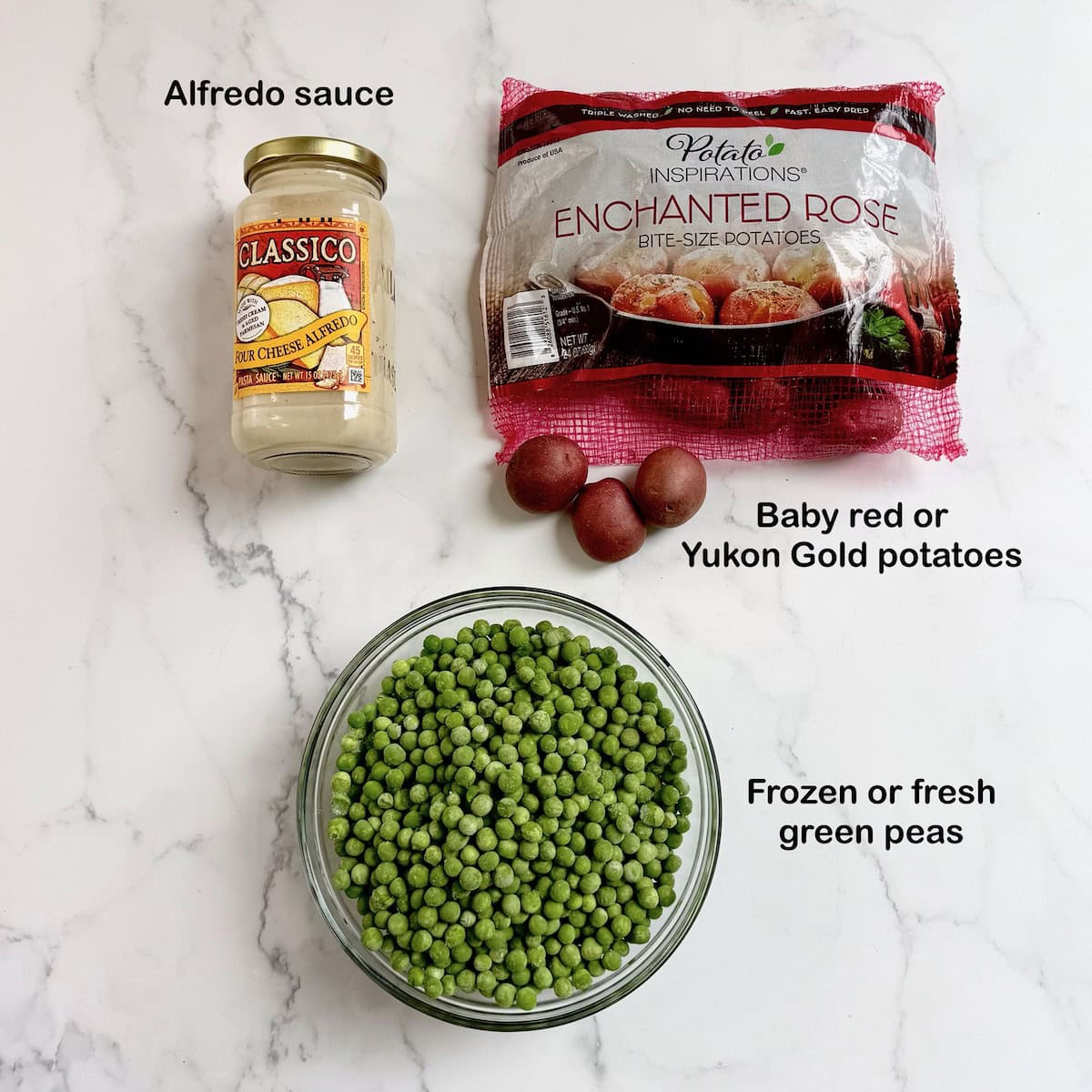 Ingredients needed to make creamed peas and potatoes.