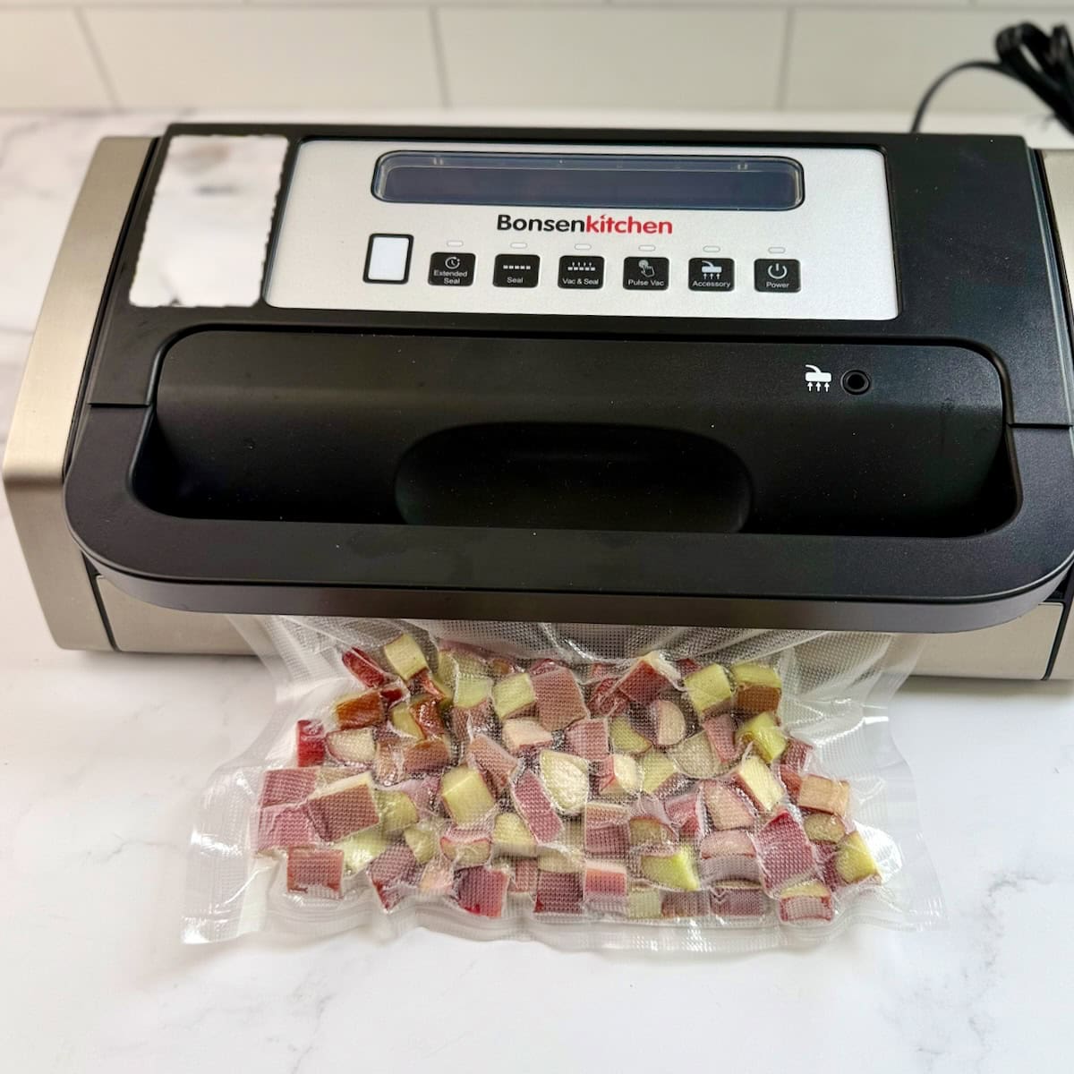 Vacuum sealing a bag of freshly chopped rhubarb to freeze.