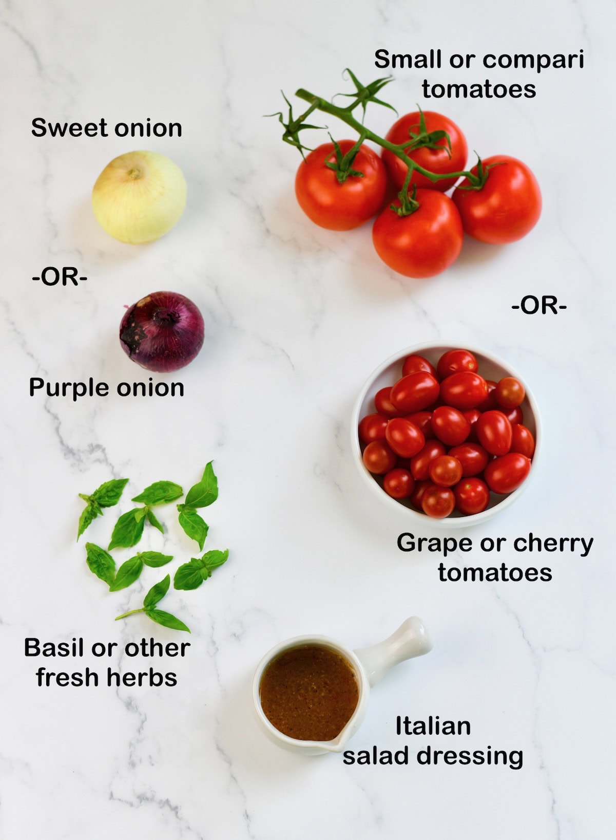 Ingredients needed to make tomato onion salad on a counter.