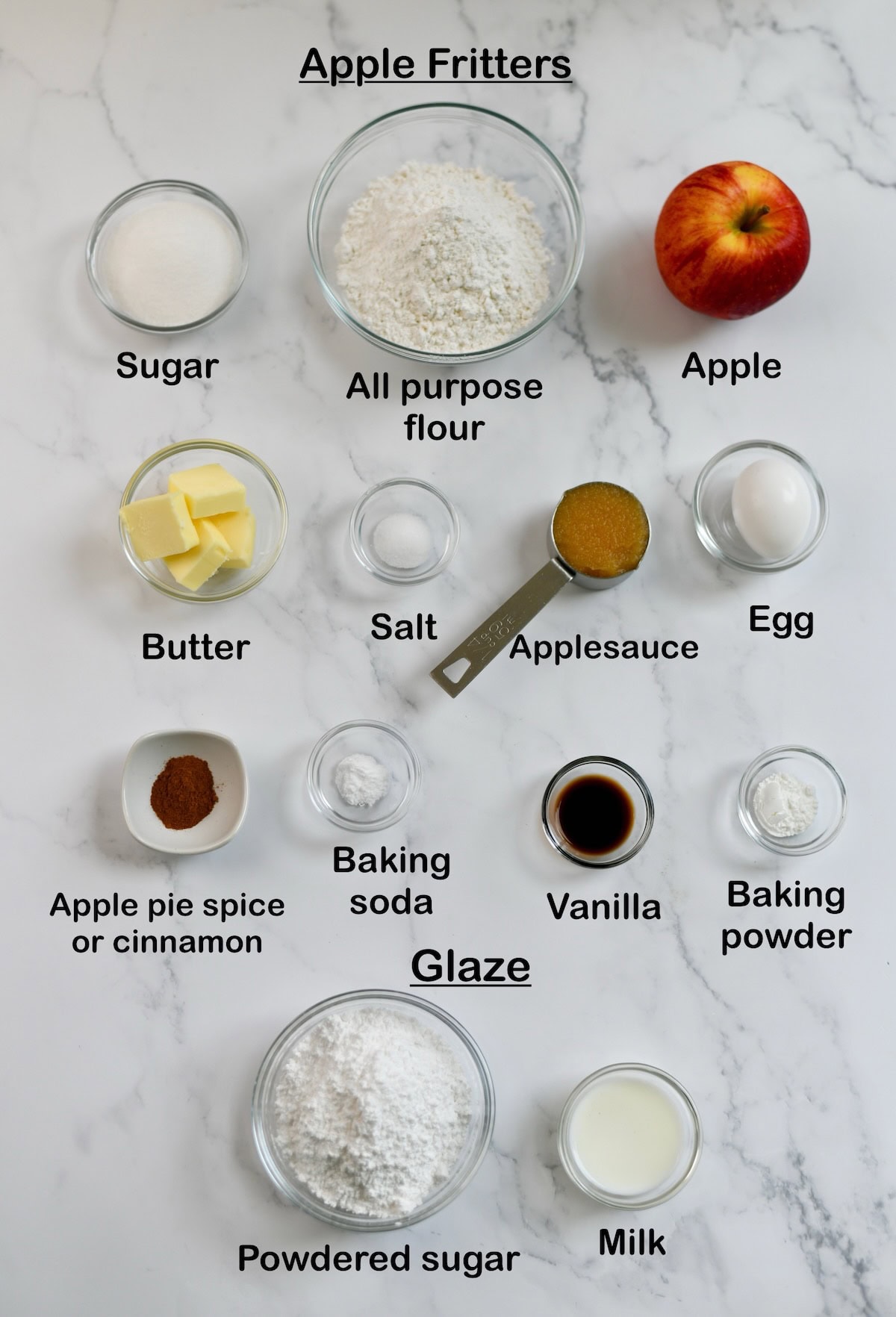 Ingredients needed to make baked apple fritters.