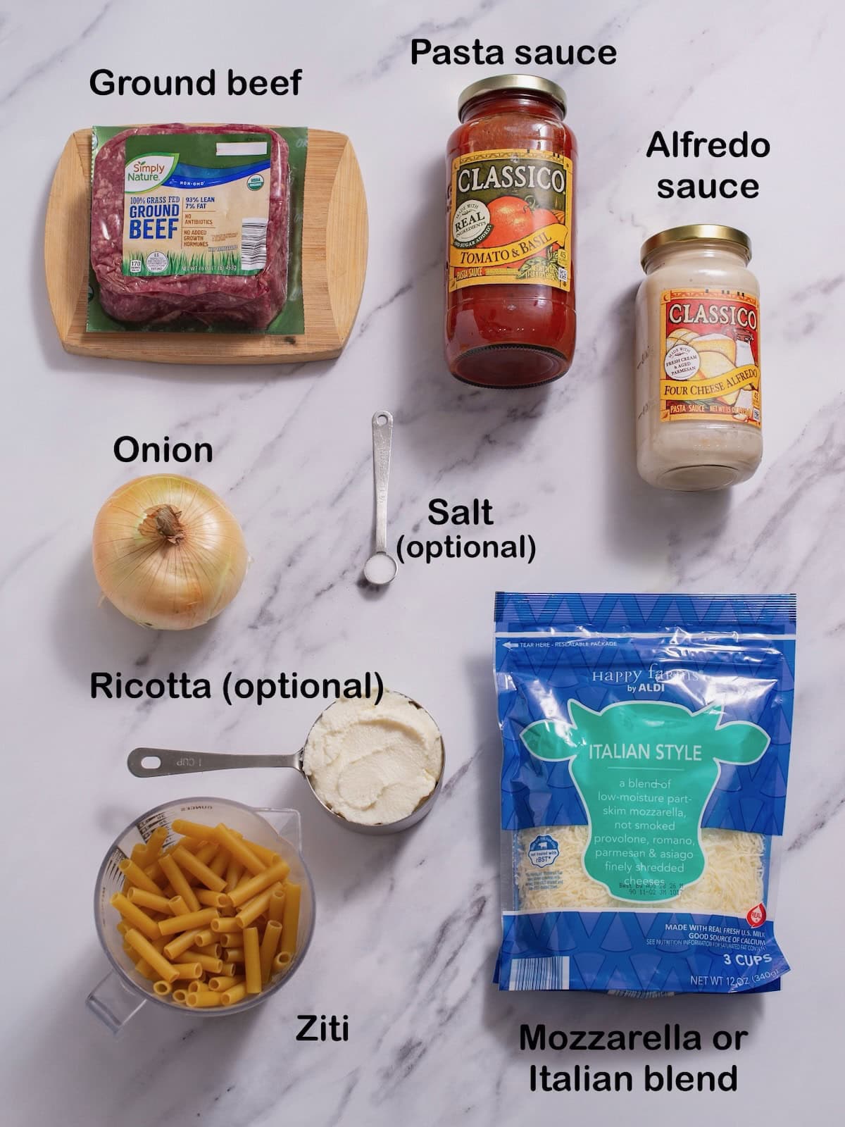 Ingredients needed to make homemade easy baked ziti.